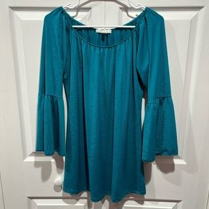 SPENSE Women’s Bell Sleeve Off The Shoulder Top Shirt Blouse - teal/blue, size S